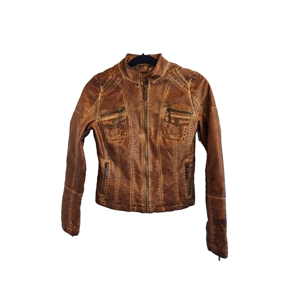 J2 Size XS Camel Brown Faux Leather Jacket Coat Crop‎ Zip Womens ECU!